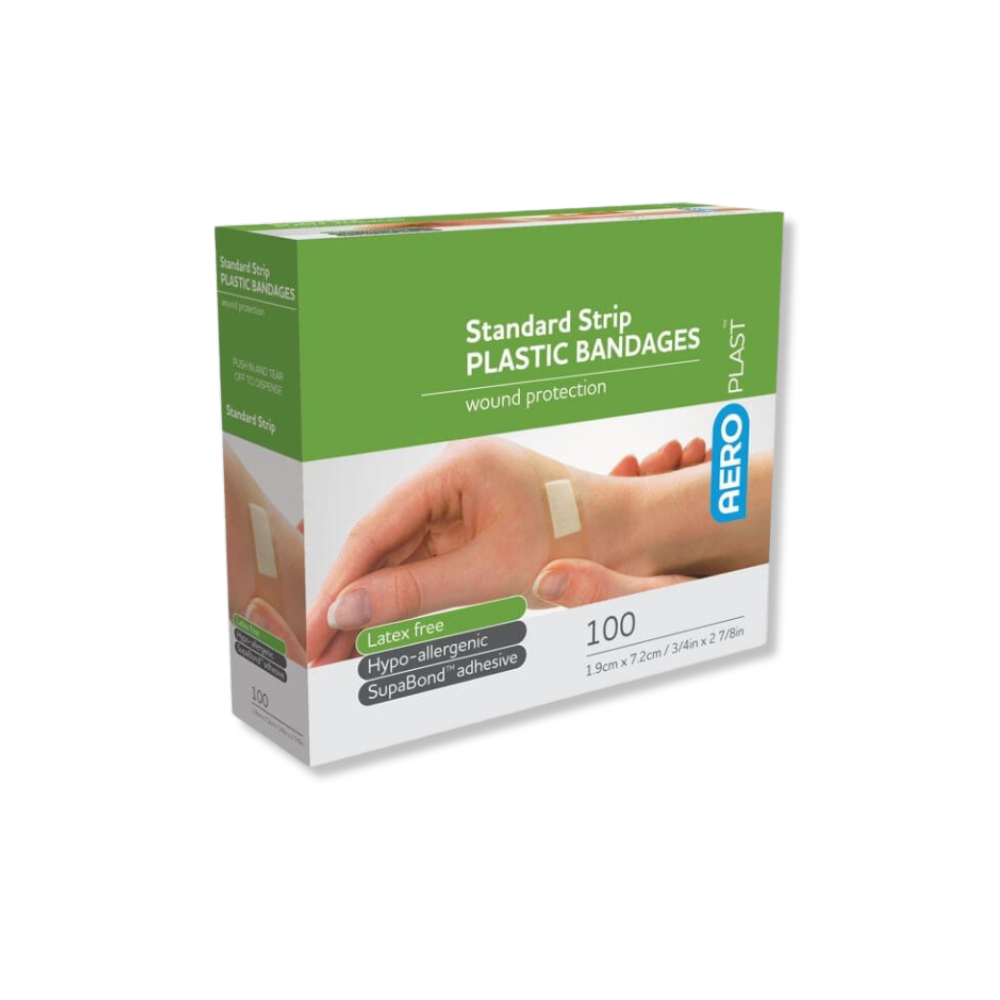 Box of AeroPlast standard strip plastic bandages on a white background
