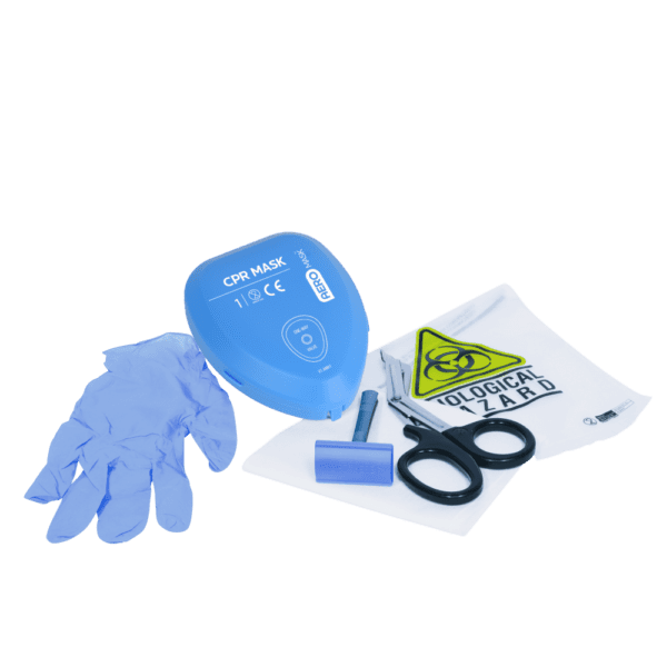 CPR mask, gloves, scissors, and biohazard bag on a white background