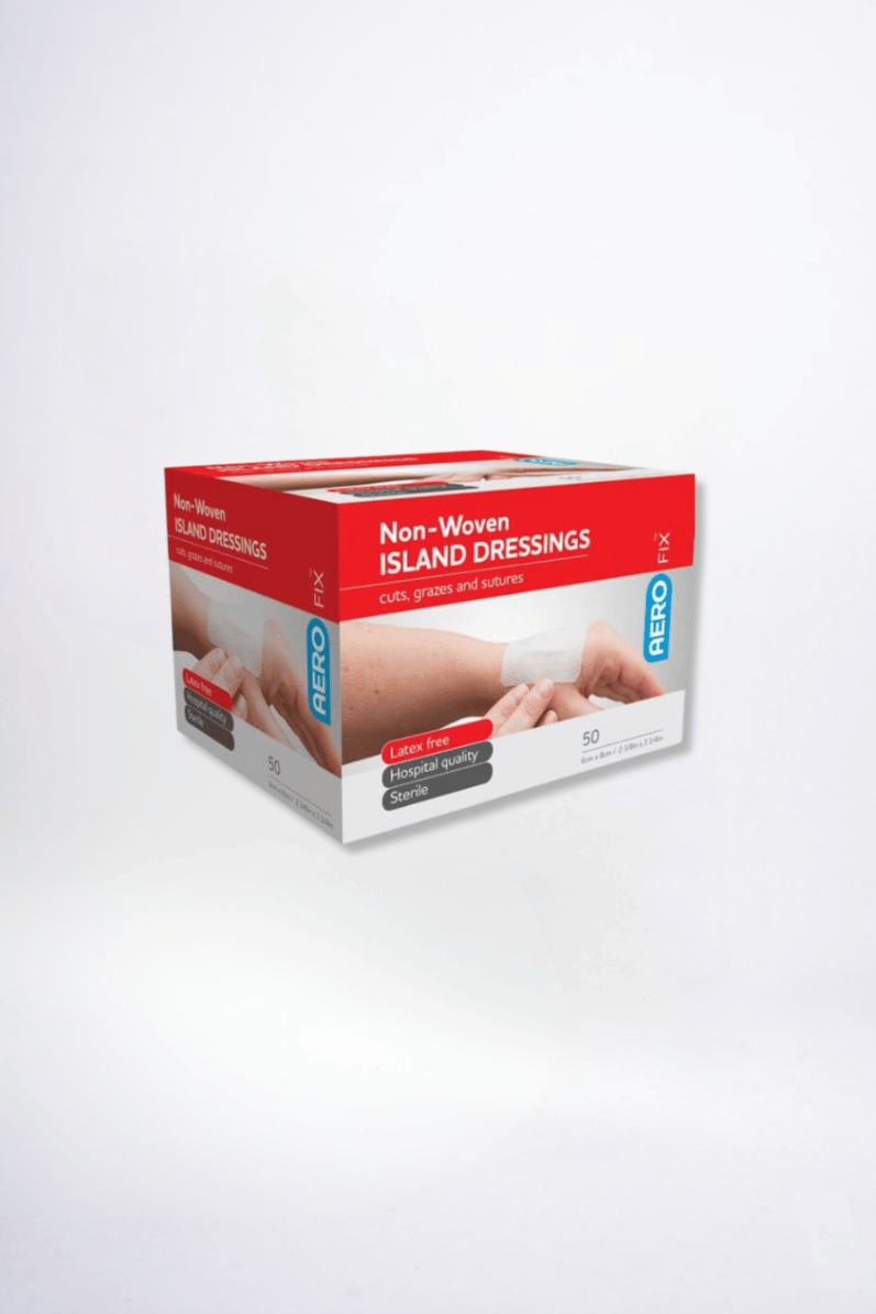 Box of non-woven island dressings with a hand holding a dressing on a white background