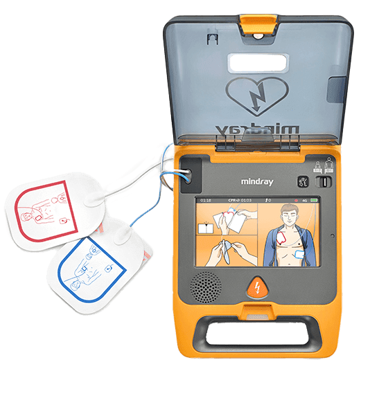 Defibrillator with electrodes on a white background