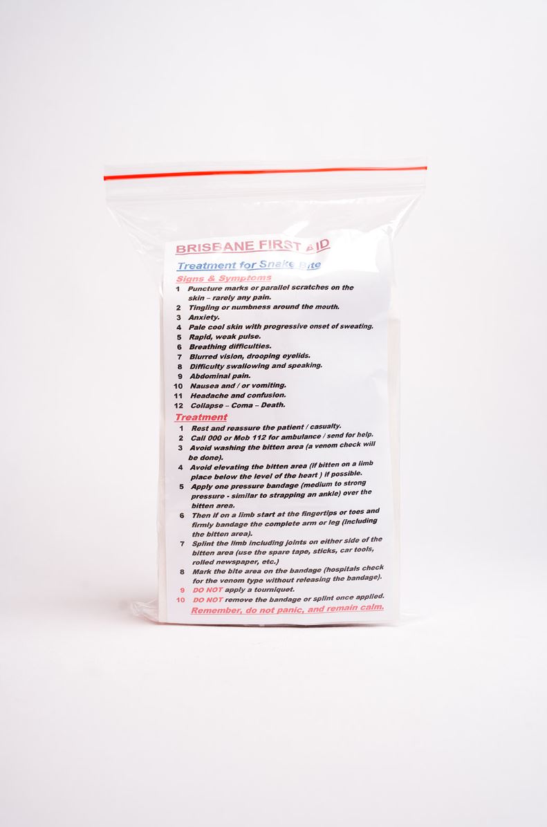 Snake bite kit treatment pamphlet in a small plastic bag on a white background