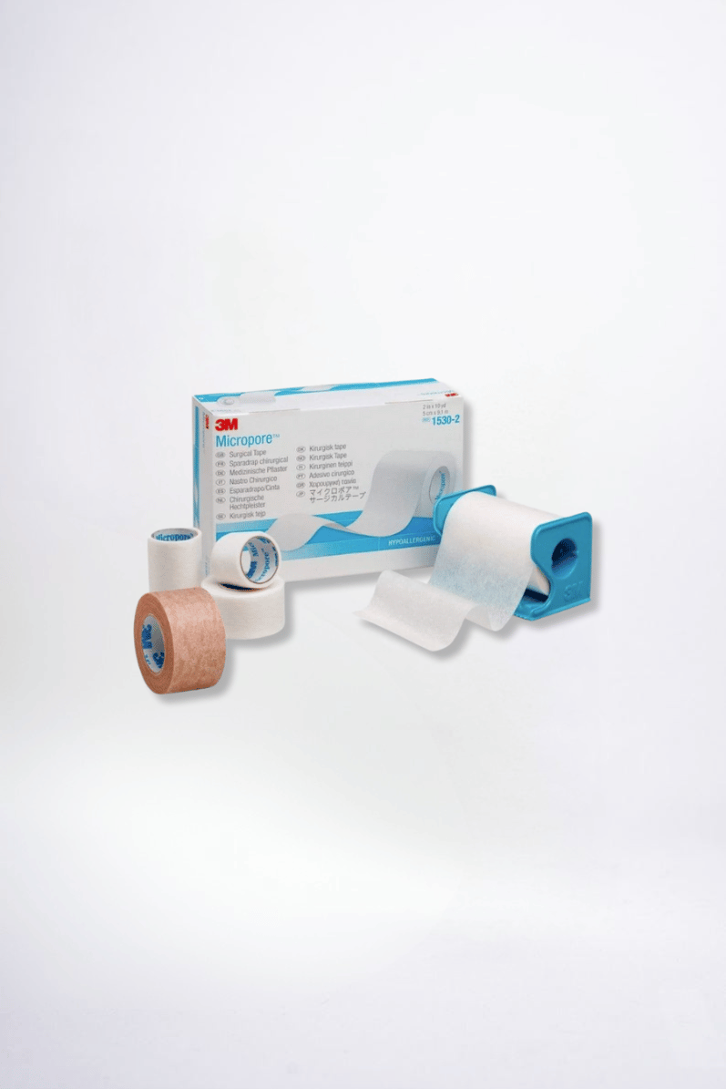 Assorted medical tape rolls with packaging on a white background