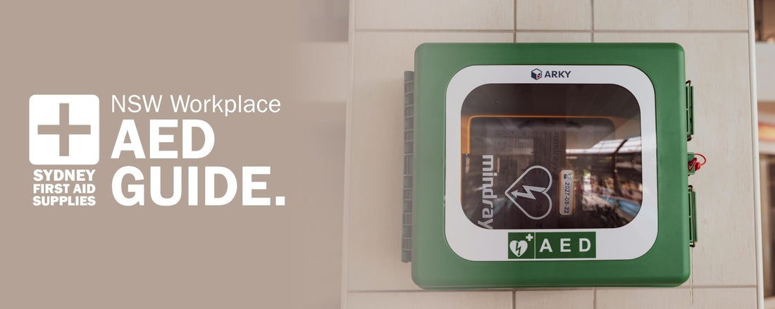 NSW Workplace AED guide banner with a green AED mounted on a wall