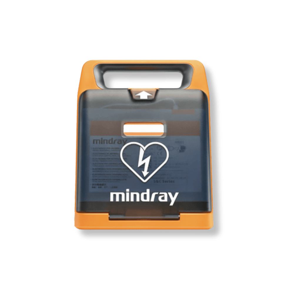 Orange and black defibrillator in a case with Mindray logo on a white background