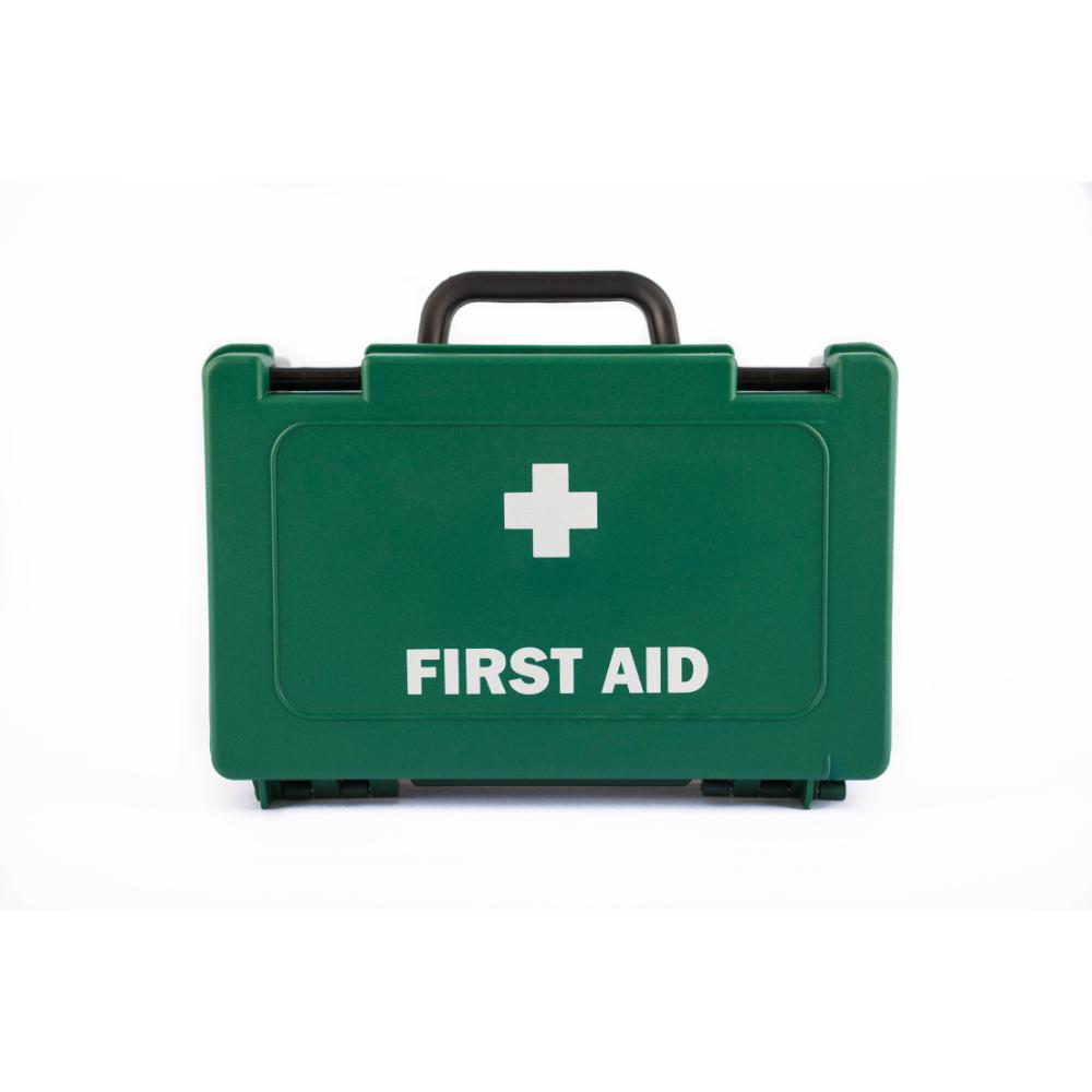 Green, plastic first aid kit with a white cross symbol on a white background