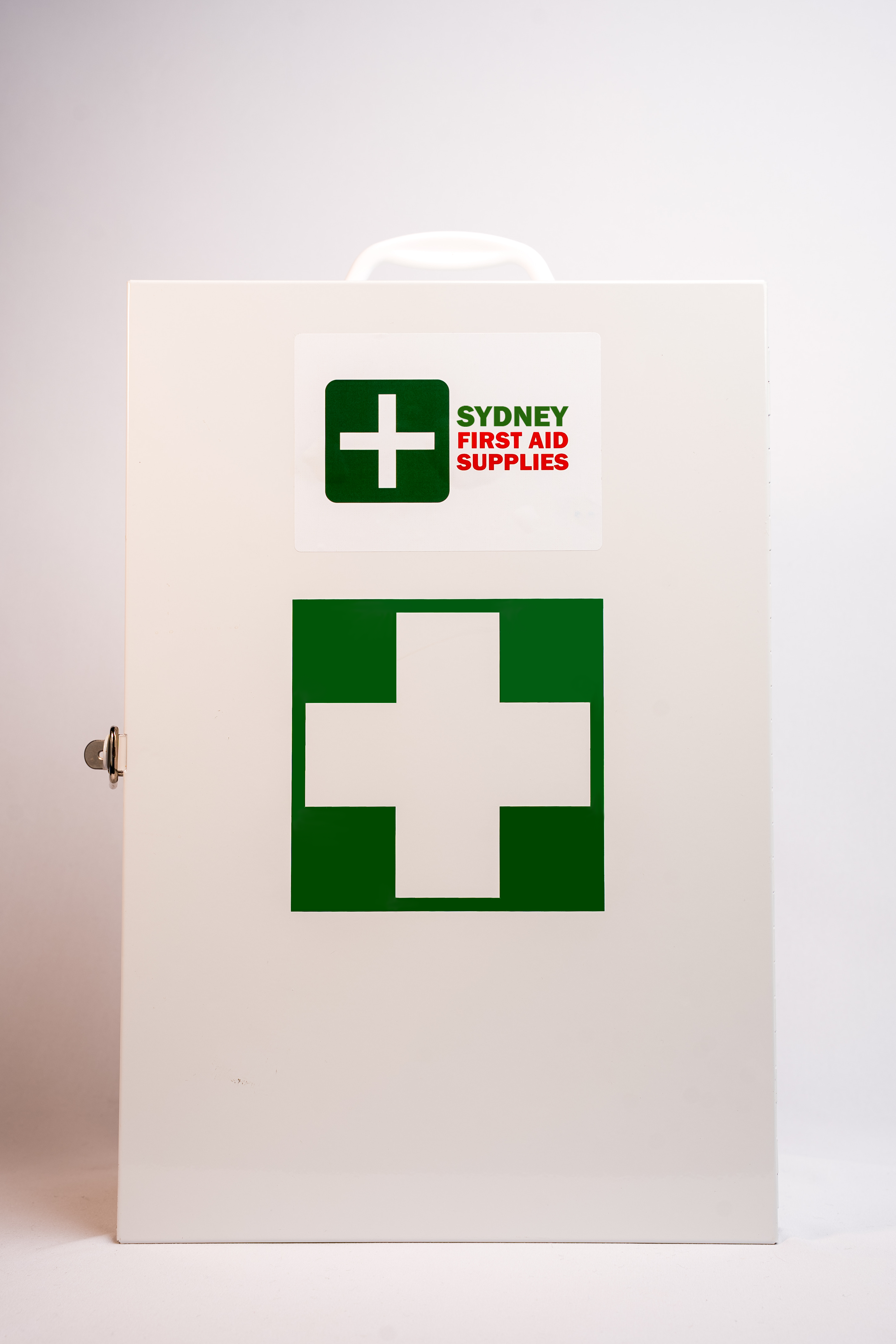 White, metal first aid cabinet with Sydney First Aid Supplies logo on a white background
