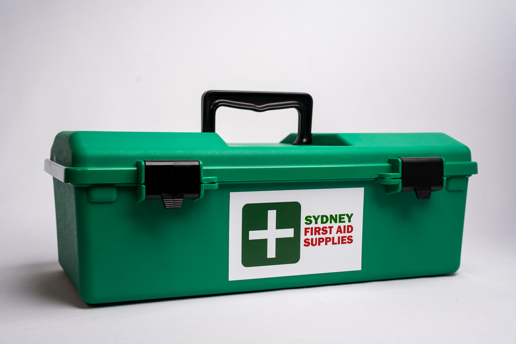 Green first aid box with 'Sydney First Aid Supplies' logo on a white background