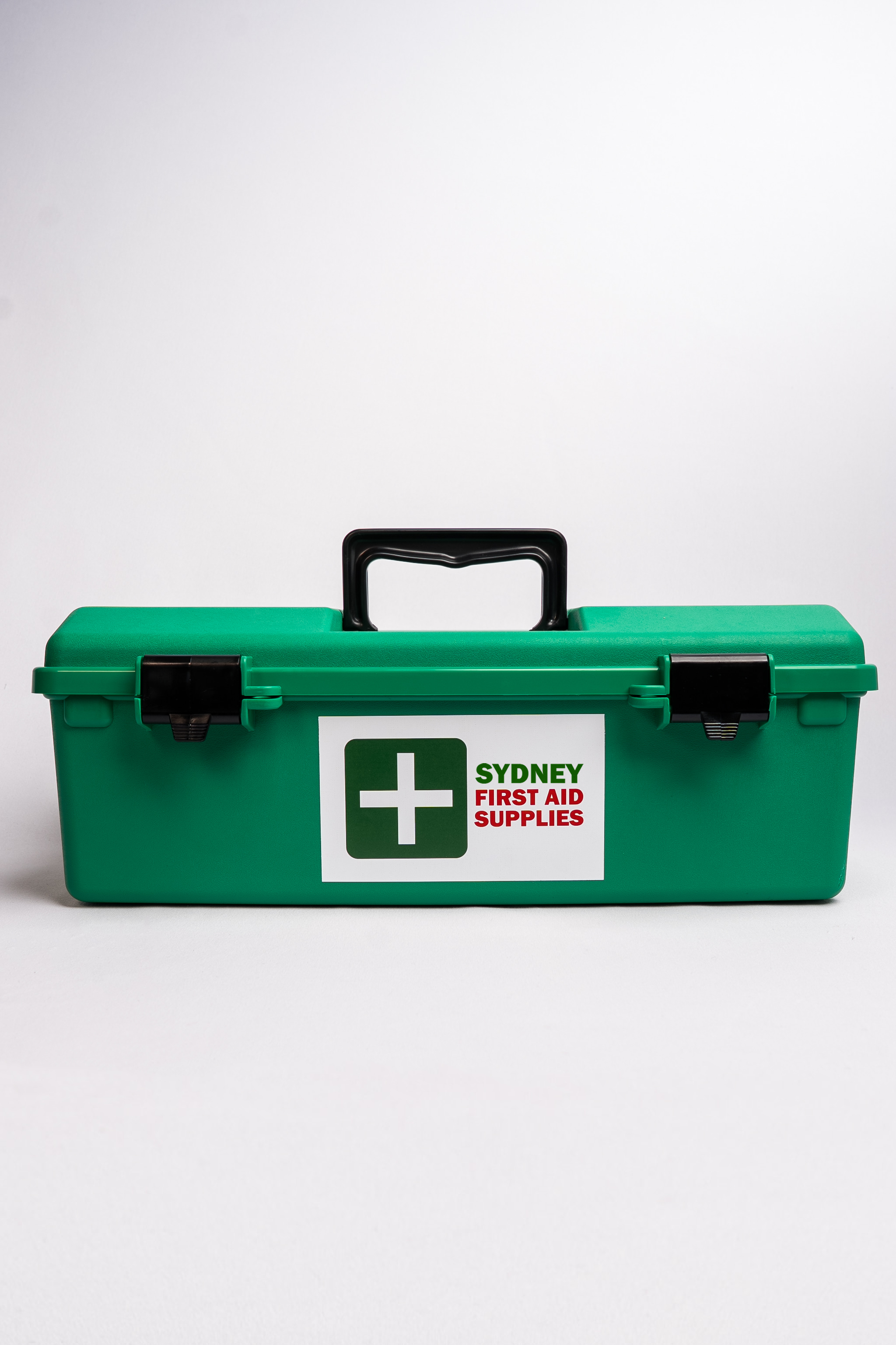 Green carry case first aid kit with 'Sydney First Aid Supplies' label on a white background
