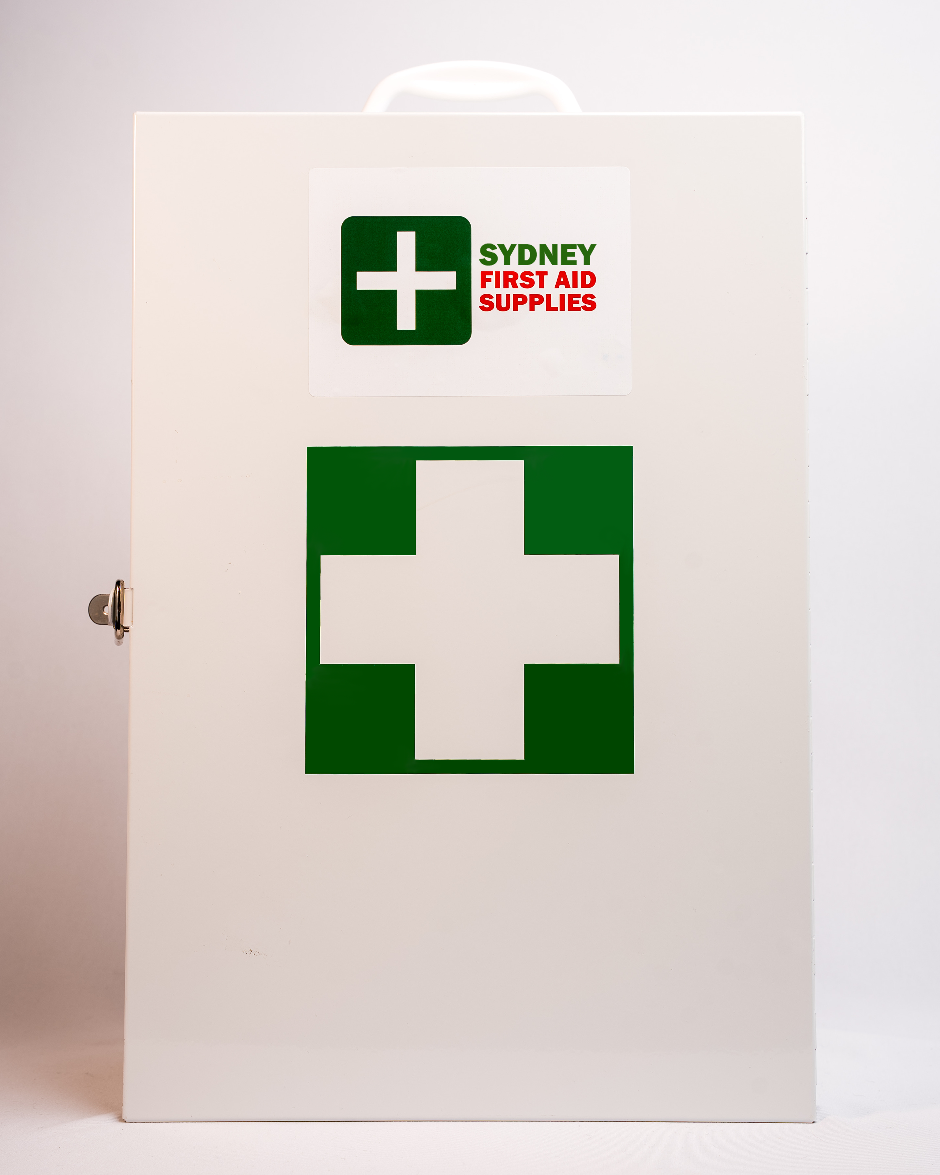 First aid cabinet with Sydney First Aid Supplies logo on a white background