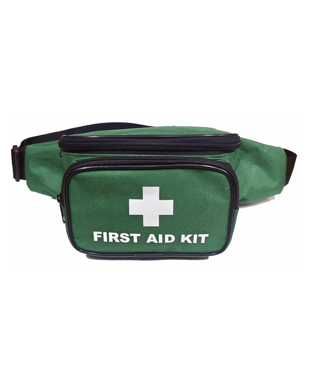 A green waist bag first aid kit pouch with a white cross and the text 'FIRST AID KIT' printed on the front, shown against a plain white background.