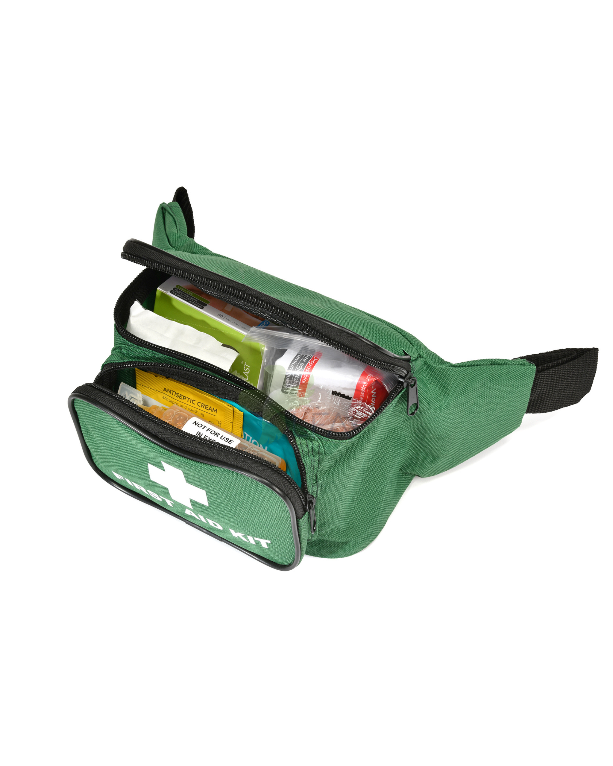 Green wearable first aid kit with bandages and wound care supplies