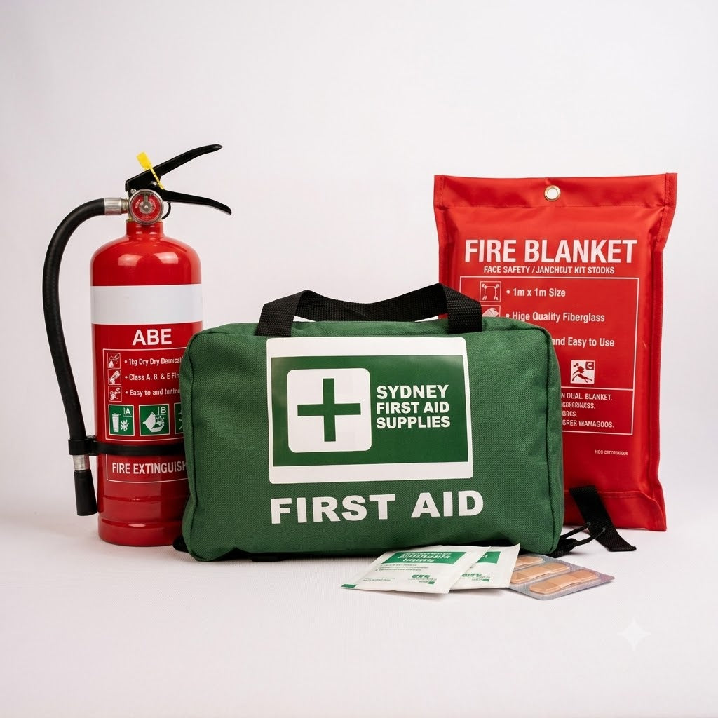 Complete Home Safety Pack with a household first aid kit, 1 metre fire blanket and 1 kg ABE dry-powder fire extinguisher.