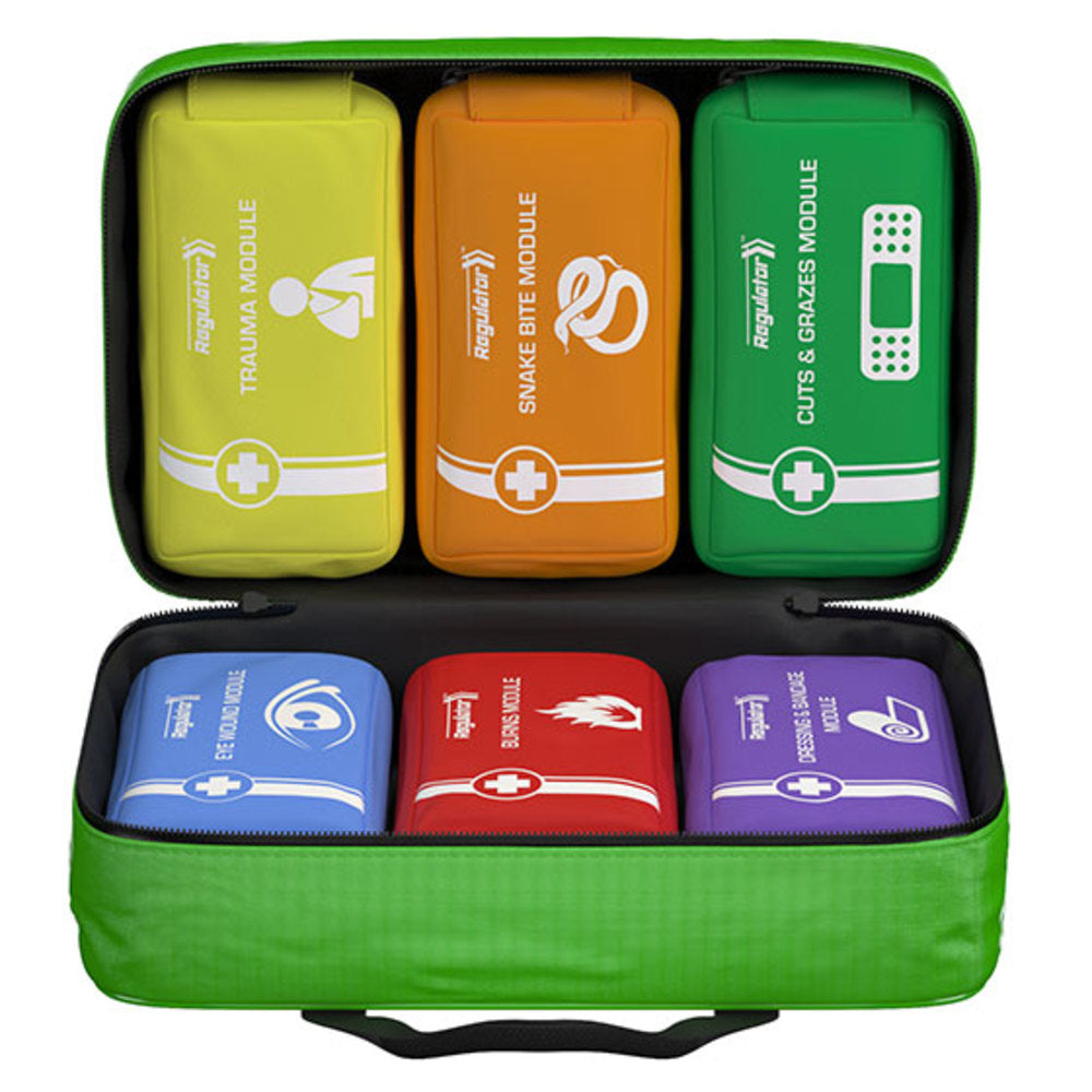 Colorful first aid kit with labeled compartments on a white background
