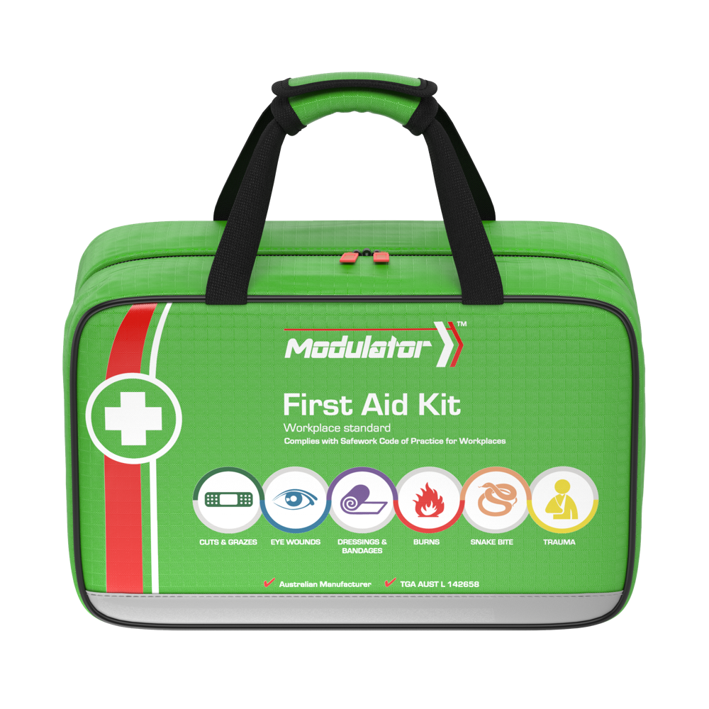 Green first aid kit with Modulator branding on a white background