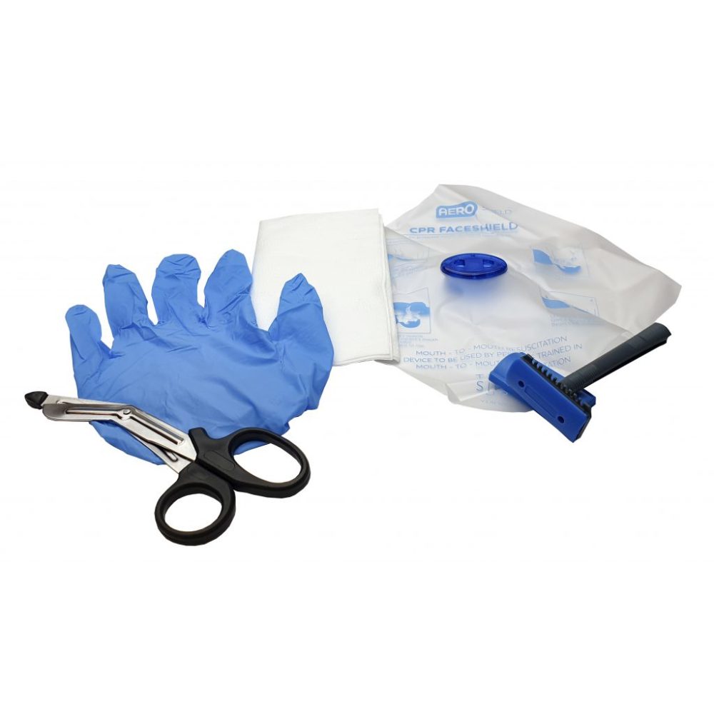 First aid kit with gloves, scissors, and a mask on a white background