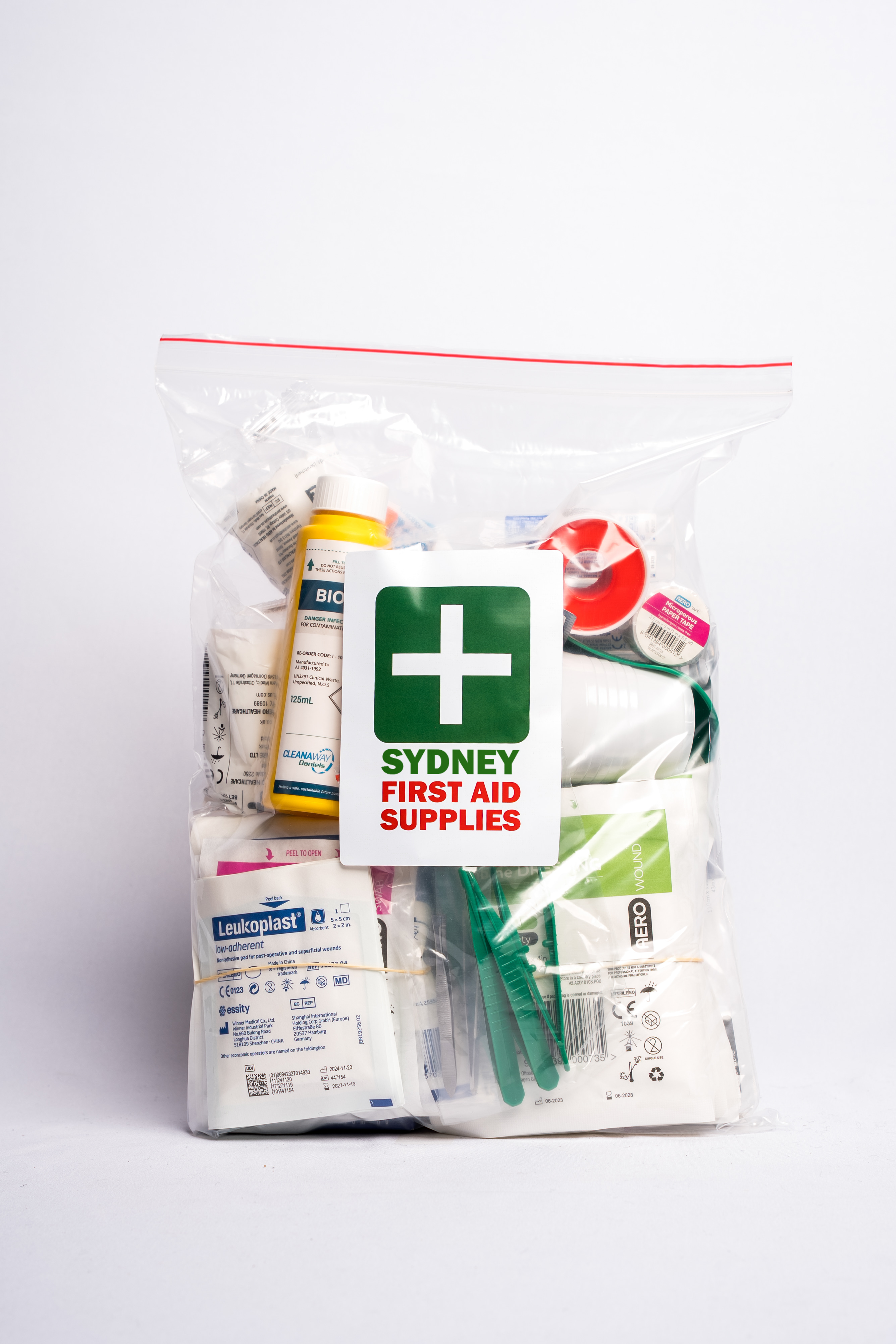 Sydney First Aid Supplies bag with various first aid items on a white background