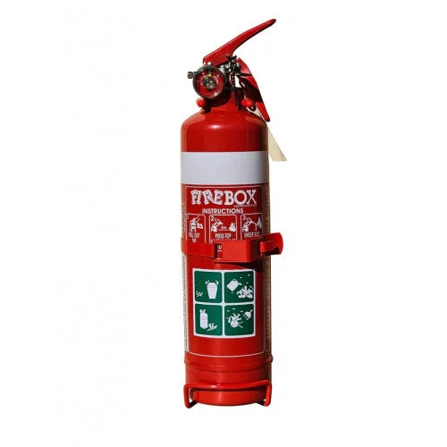 Red 1 kg ABE dry powder fire extinguisher for home, vehicle, caravan and workplace fire safety.