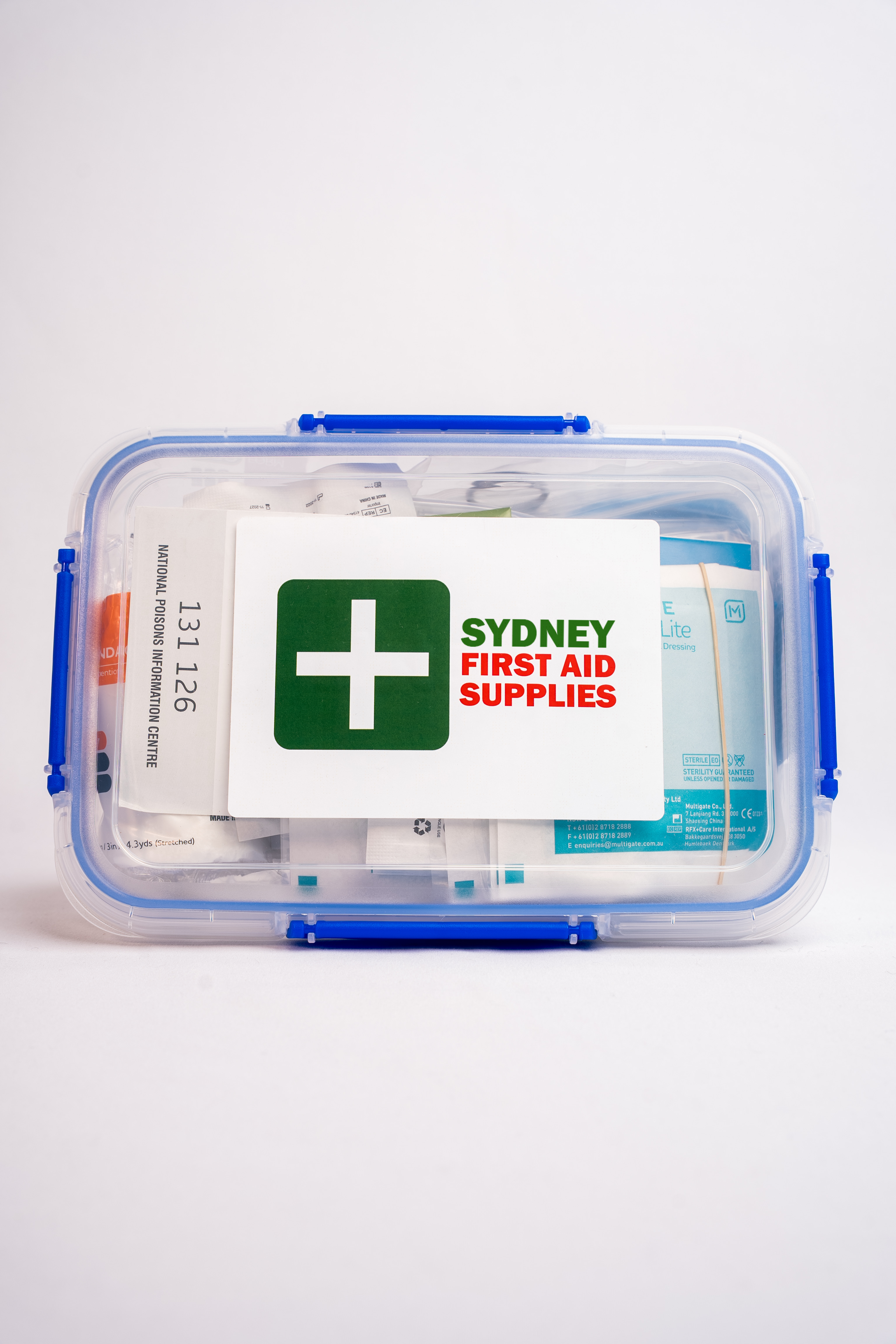 Dustproof, portable first aid kit showing Sydney First Aid Supplies branding on a white background. 