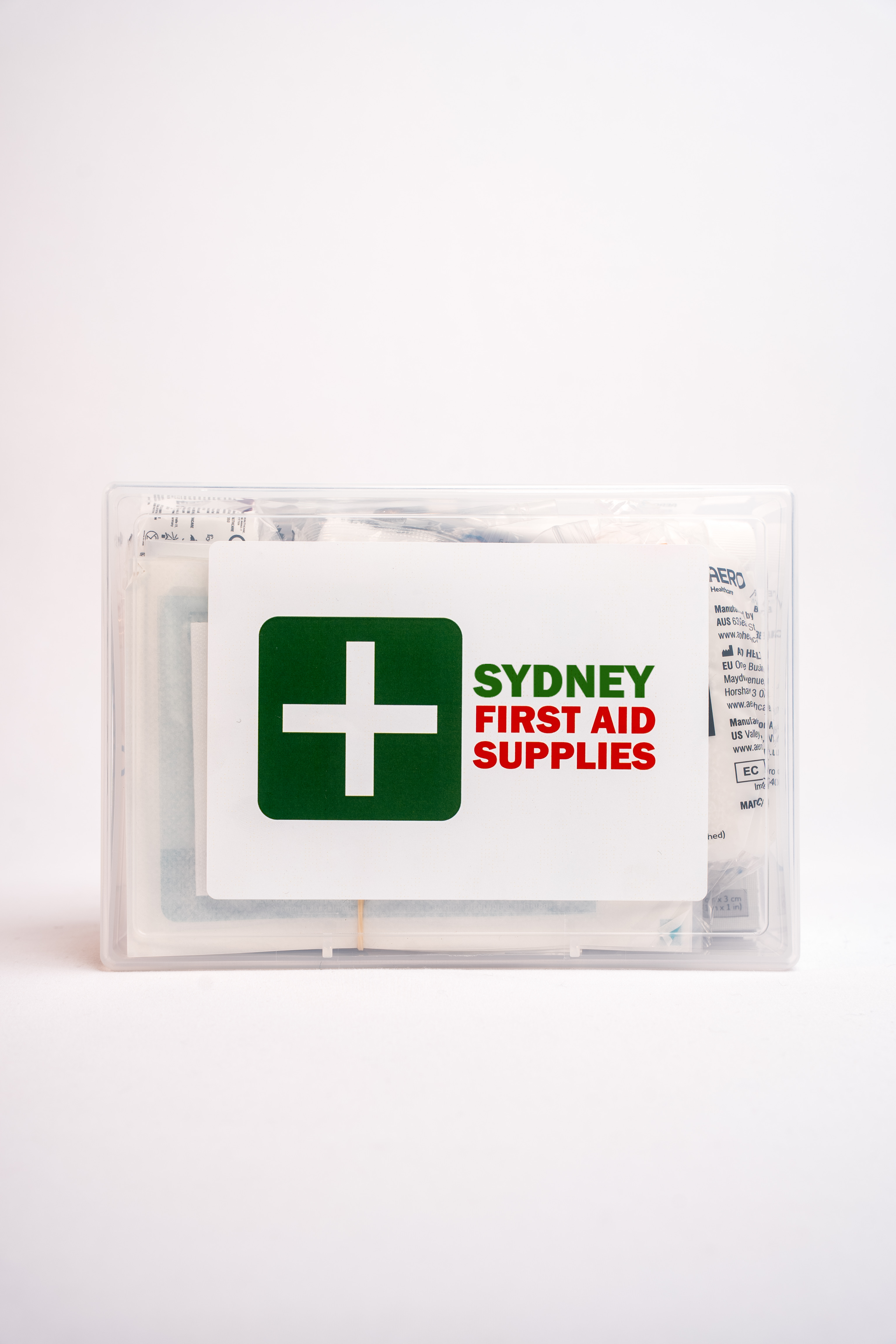 Fully stocked glove box first aid kit.