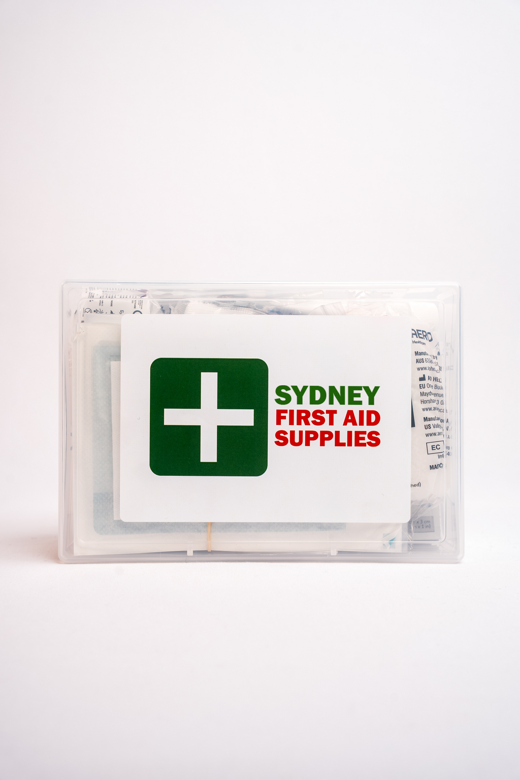 Fully stocked glove box first aid kit. 