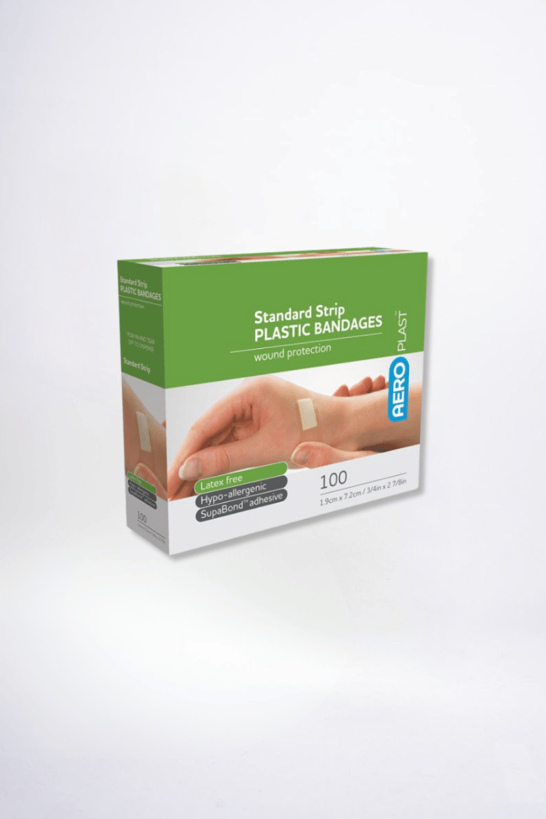 Box of AEROPLAST plastic bandages on a white background