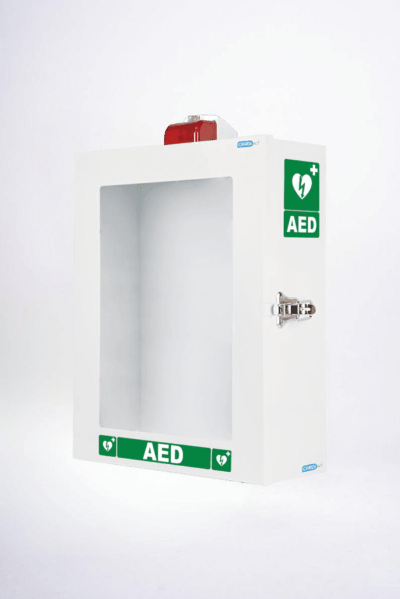White AED cabinet with red alarm light on a white background
