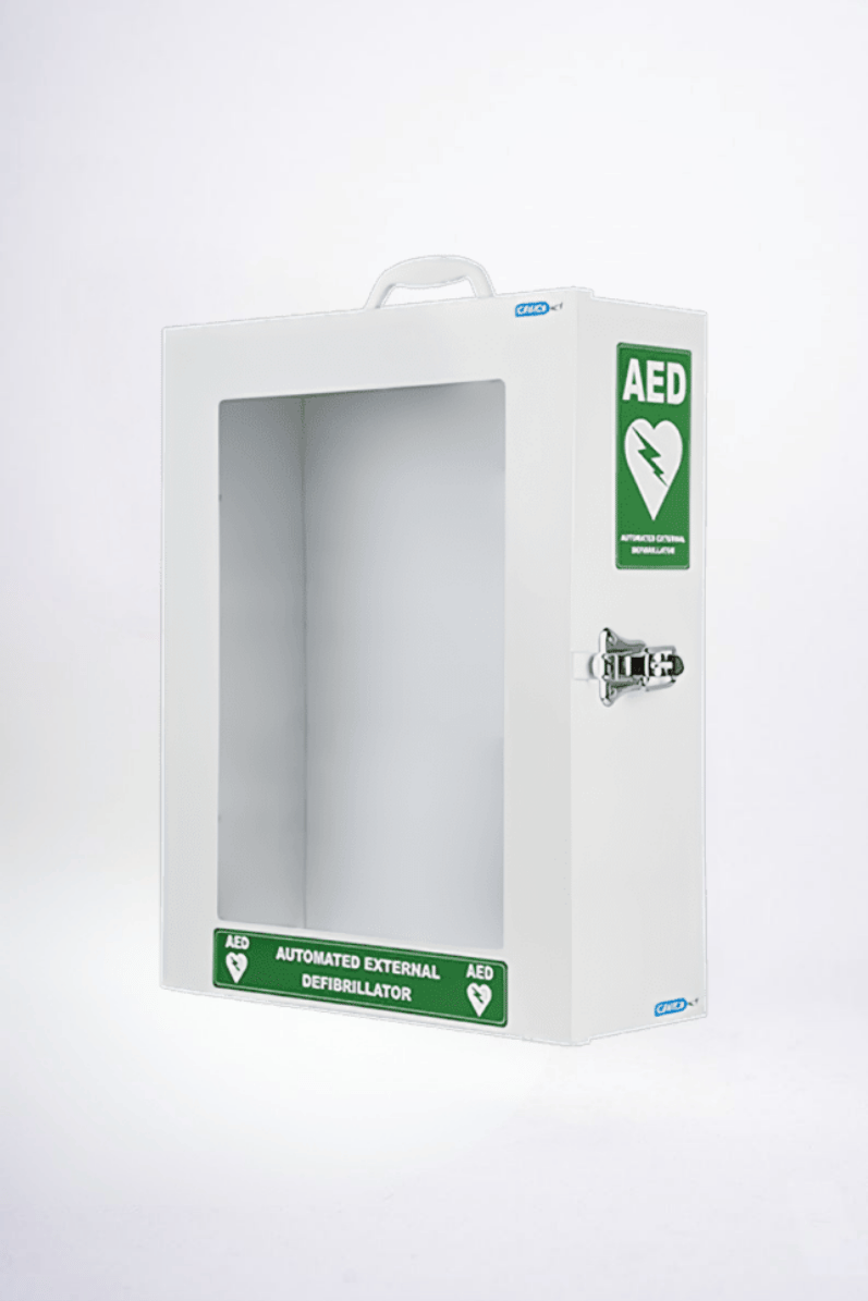 White AED cabinet with green labels on a white background