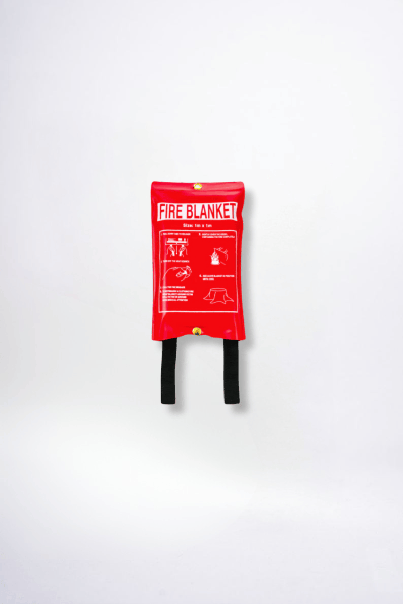 Red fire blanket with black straps on a white background