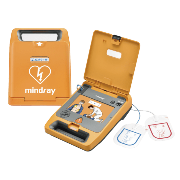 Orange Mindray defibrillator with open cover on a white background