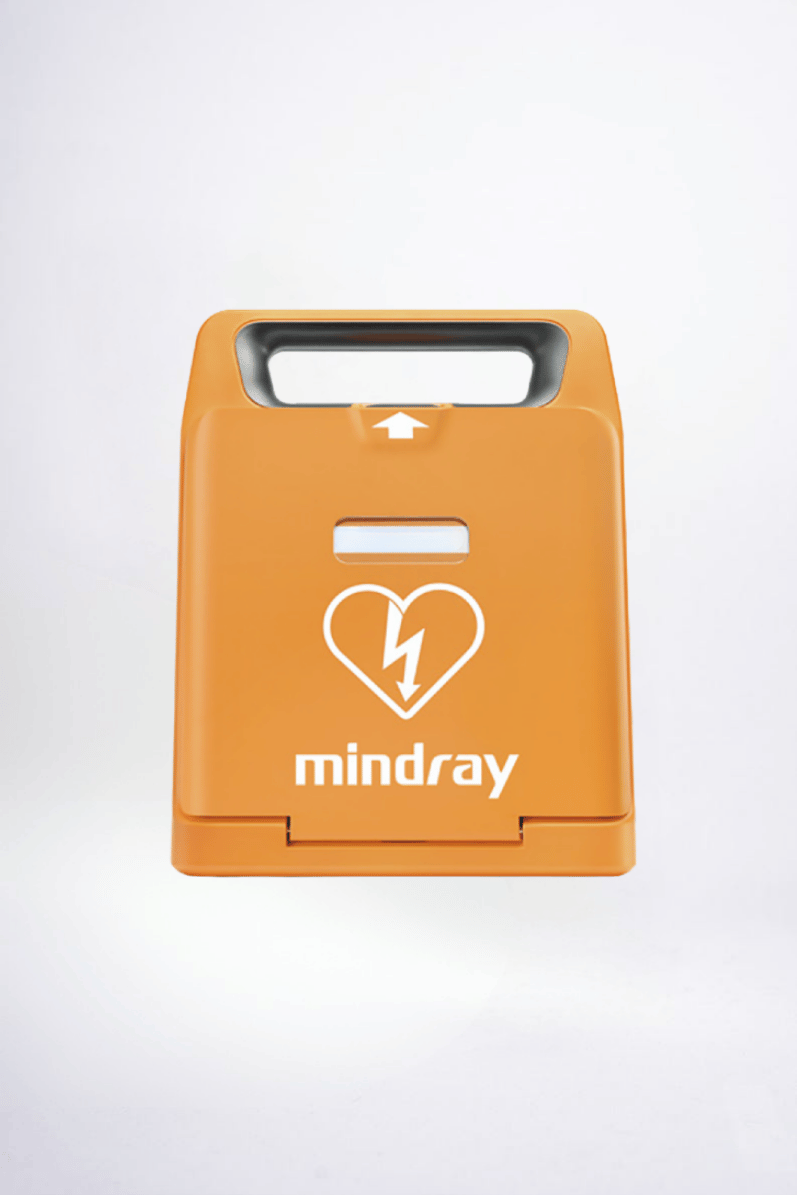 Orange defibrillator with Mindray logo on a white background
