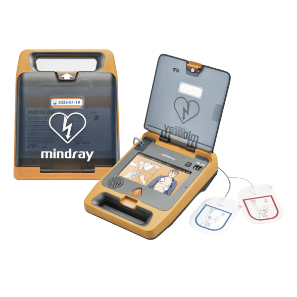 Mindray defibrillator with open cover showing device and instructions on a white background