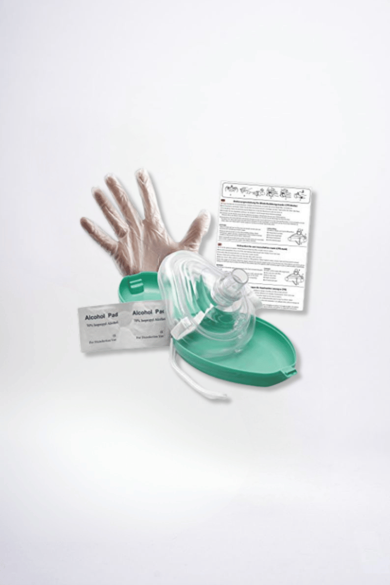 CPR hygiene equipment including a clear oxygen mask, glove and alcohol wipes on a white background