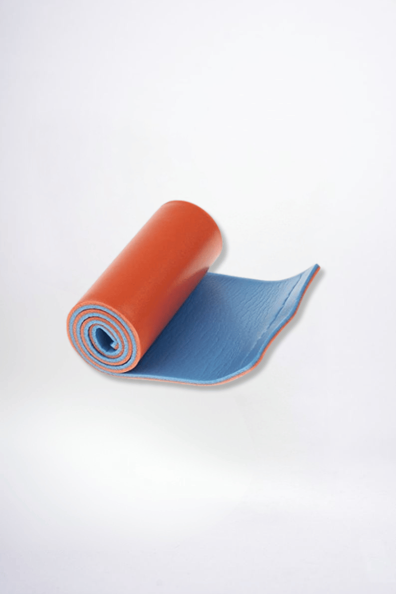 Rolled up orange and blue splint on a white background